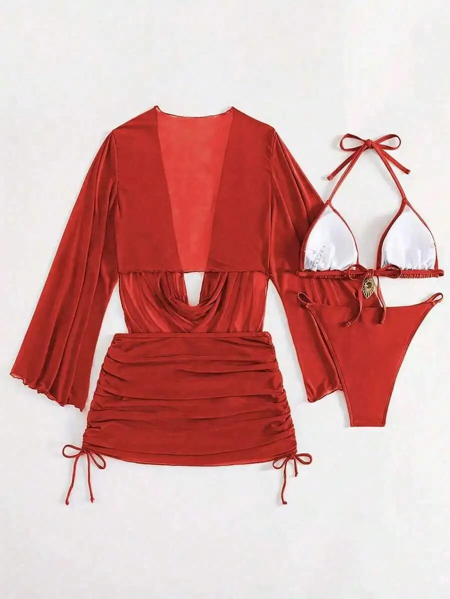Red 4-Piece Bikini Set With Sheer Cover-Up For Beach Vacation Party
Red 4-Piece Bikini Set With Sheer Cover-Up For Beach Vacation Party