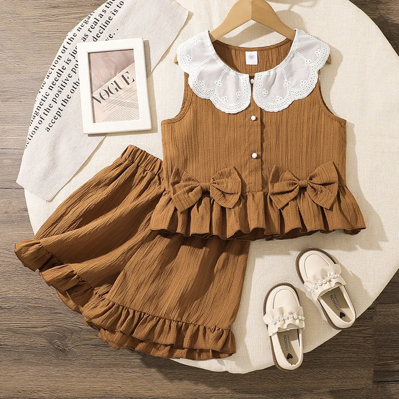 2025 Summer Bestseller Girls Short Sleeve Lace Bow Ruffles Brown Shorts Korean Style 2-Piece Outfit for Big Kids 8-12Years
2025 Summer Bestseller Girls Short Sleeve Lace Bow Ruffles Brown Shorts Korean Style 2-Piece Outfit for Big Kids 8-12Years