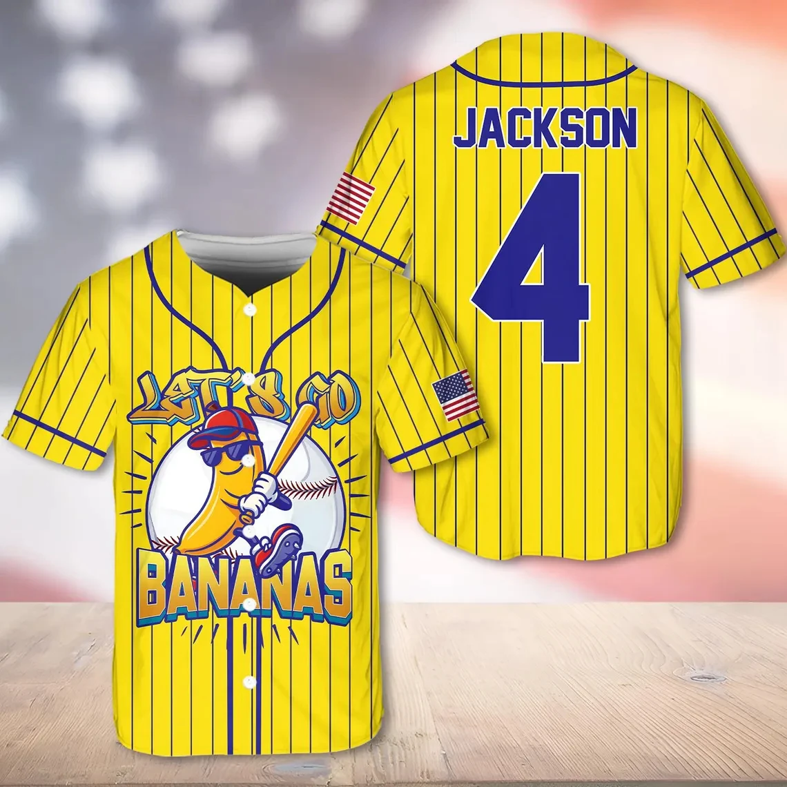 Custom Let S Go Bananas Pinstripe Baseball Jersey Personalized Name Number American Flag Loose Quick Drying Polyester Shirts
Custom Let S Go Bananas Pinstripe Baseball Jersey Personalized Name Number American Flag Loose Quick Drying Polyester Shirts