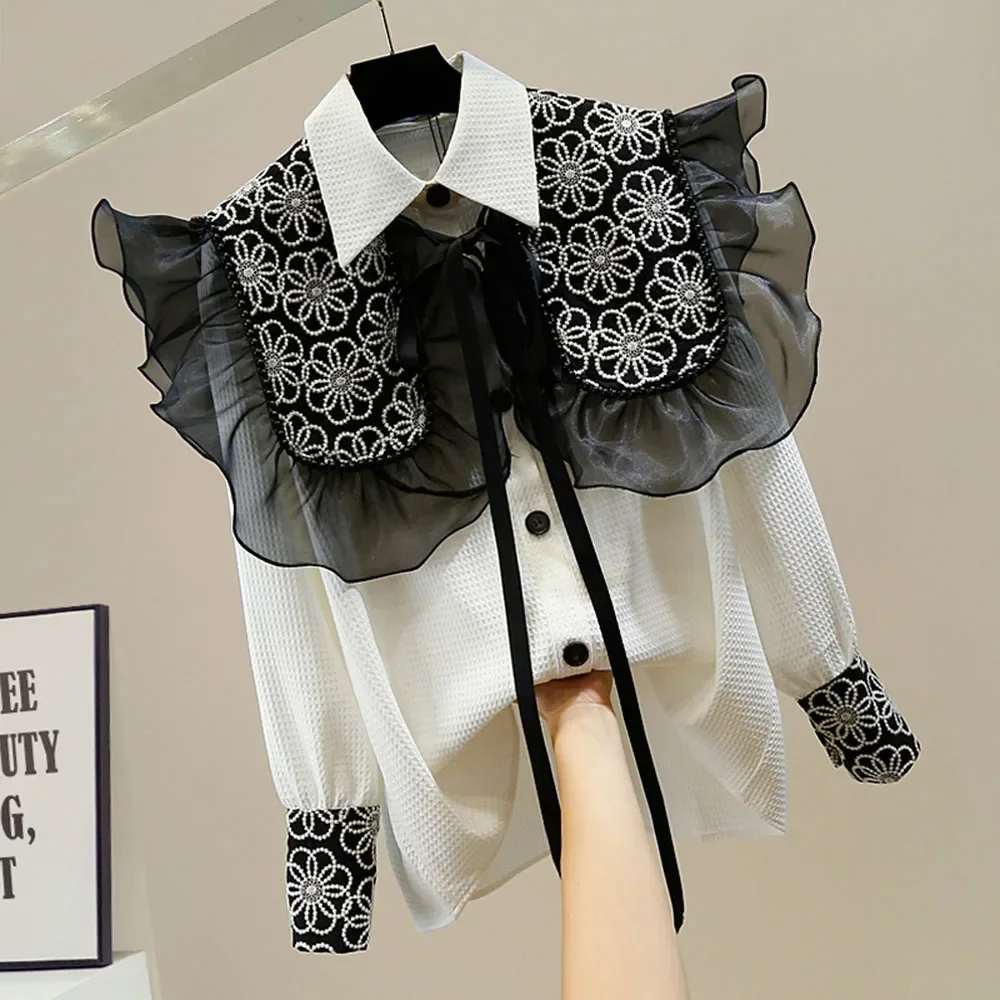 Women Blouse Long Sleeve Causal Korean Sweet Top Shirt + Ruffle Lace Up Jacquard Shawl Autumn 2022 New Two Pieces
Women Blouse Long Sleeve Causal Korean Sweet Top Shirt + Ruffle Lace Up Jacquard Shawl Autumn 2022 New Two Pieces