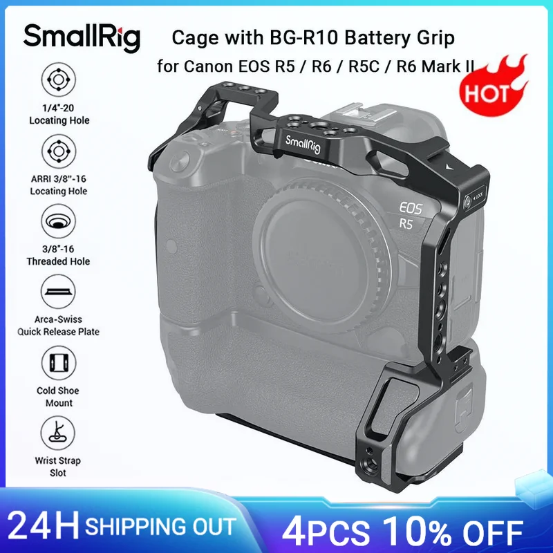 Корпус для камеры SmallRig R5/R6 для Canon EOS R5/R6/R5C/R6 Mark II с ручкой для аккумулятора BG-R10 с резьбовыми отверстиями 1/4 дюйма-20 -3464B
Корпус для камеры SmallRig R5/R6 для Canon EOS R5/R6/R5C/R6 Mark II с ручкой для аккумулятора BG-R10 с резьбовыми отверстиями 1/4 дюйма-20 -3464B