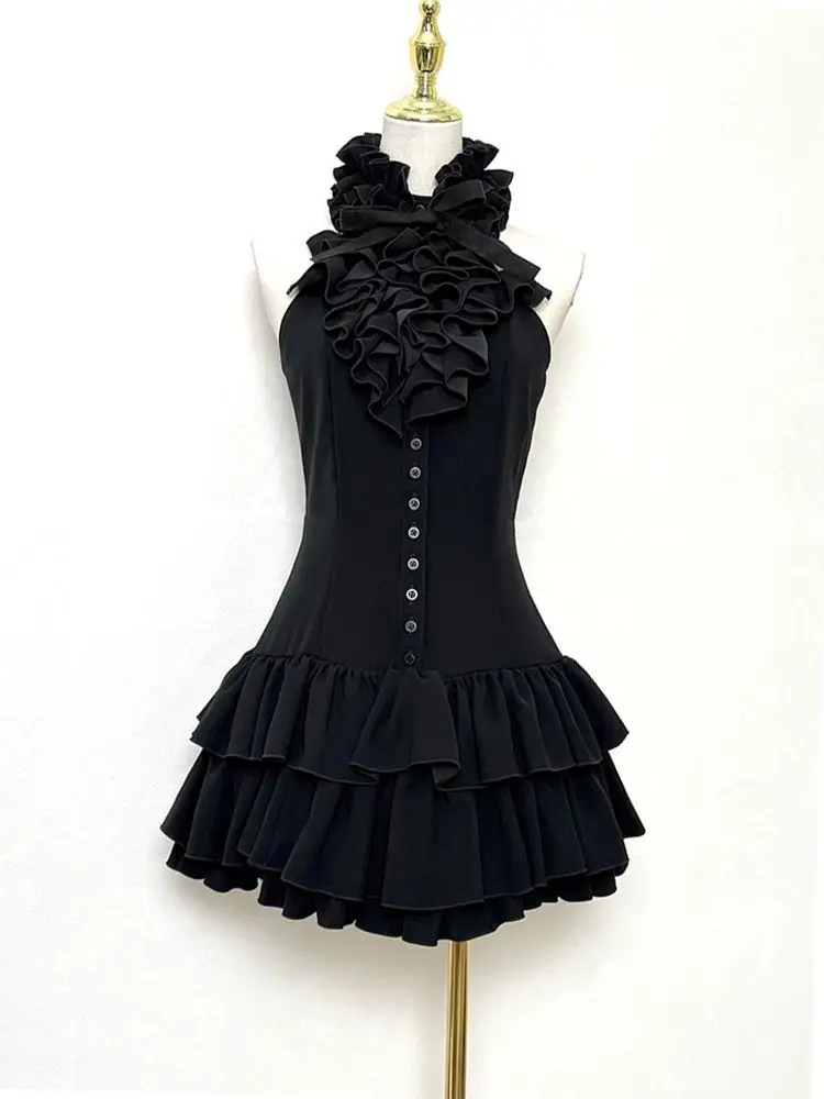 Japanese Style Dark Sweet Sleeveless Dresses for Women Black High Neck Ruffled Waist Layered Mini Dresses Party Clothing 2026
Japanese Style Dark Sweet Sleeveless Dresses for Women Black High Neck Ruffled Waist Layered Mini Dresses Party Clothing 2026