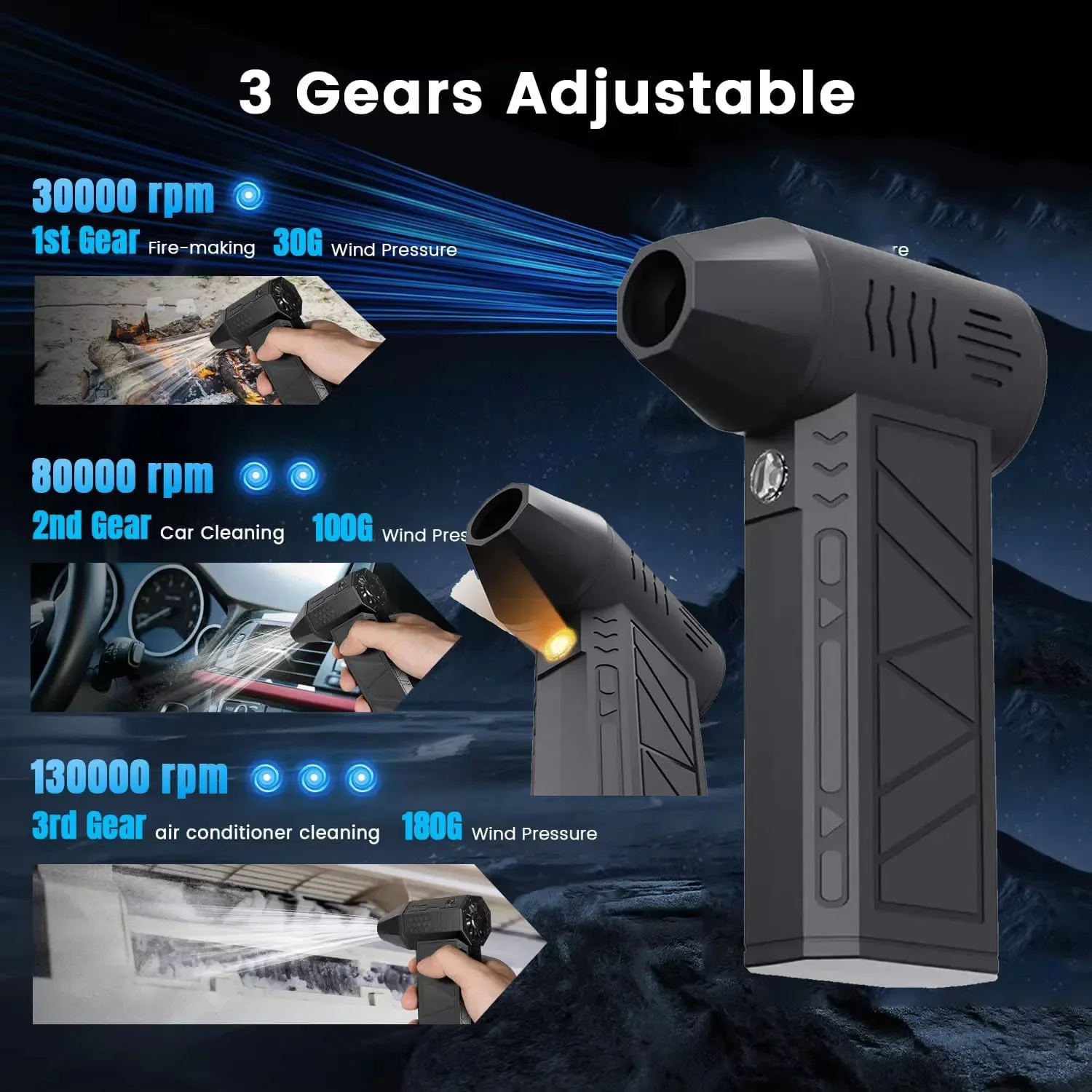 NEW 130000RPM Air Blower With Extra Nozzle Turbo Jet Fan Wind Speed 52m/s Electric Blower With Light Blowing Dust Dryer Silk fan
NEW 130000RPM Air Blower With Extra Nozzle Turbo Jet Fan Wind Speed 52m/s Electric Blower With Light Blowing Dust Dryer Silk fan
