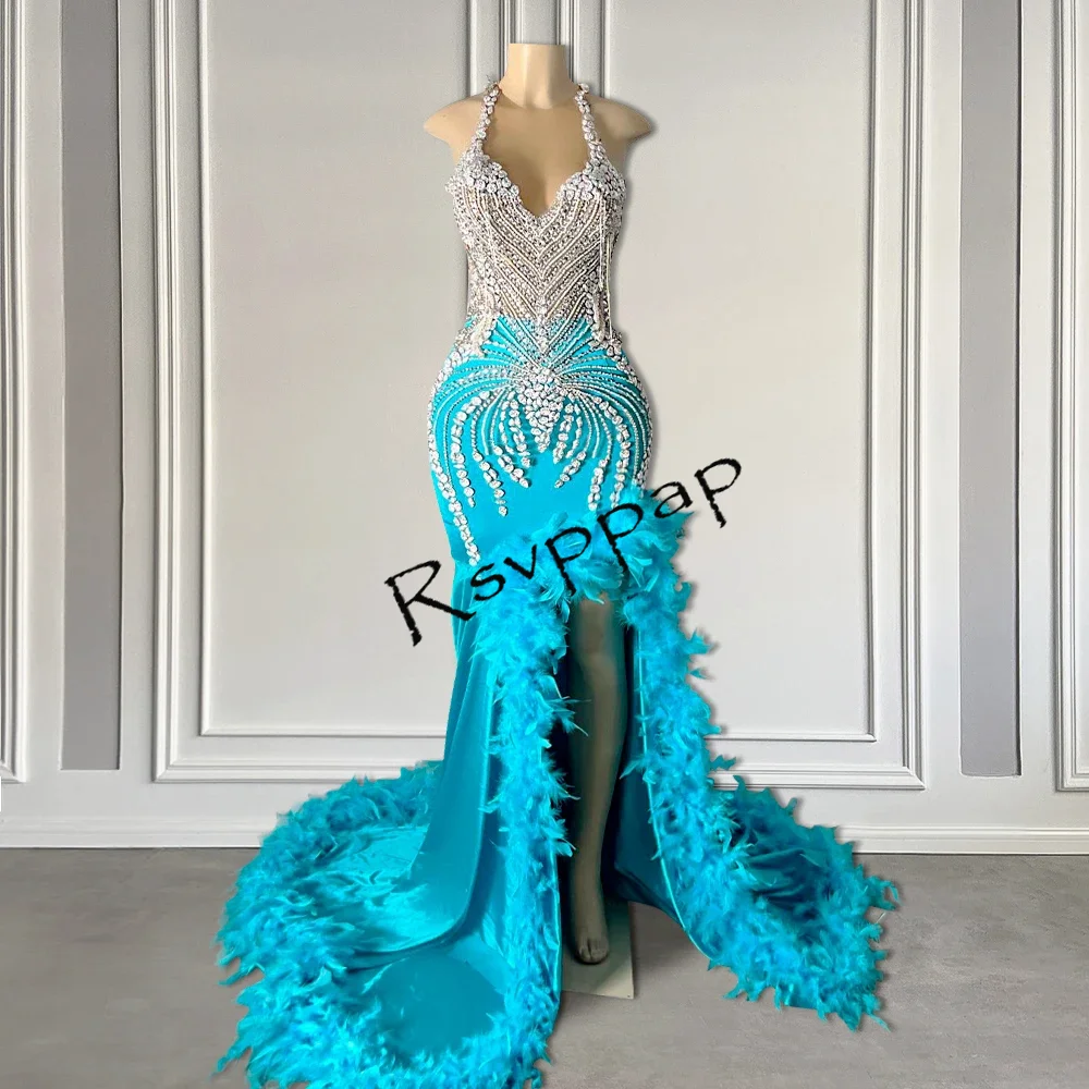 Blue Long Mermaid Prom Dresses With Silver Diamonds Sexy High Slit Feathers Satin Black Girl Party Prom Gowns 2024
Blue Long Mermaid Prom Dresses With Silver Diamonds Sexy High Slit Feathers Satin Black Girl Party Prom Gowns 2024