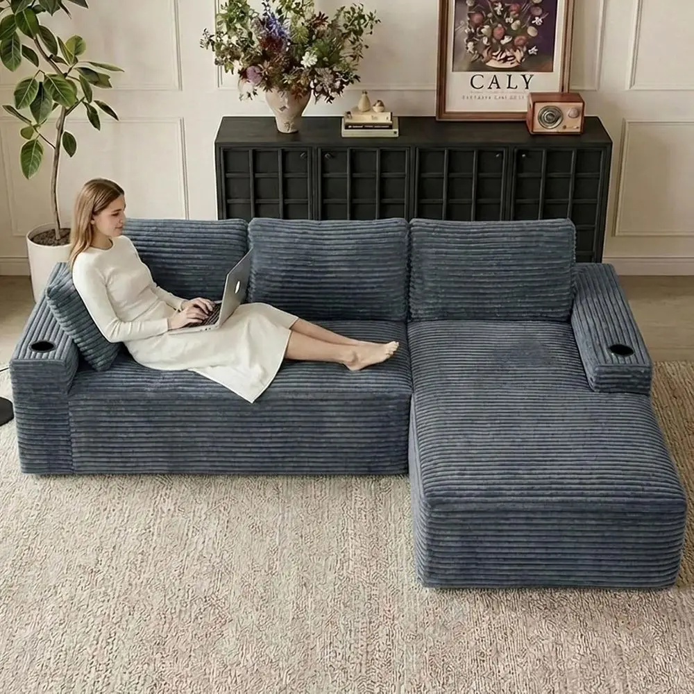 104 L-Shaped Sectional Sofa with Cup Holders, Corduroy Fabric, Deep-Seat, Grey, Right-Facing Chaise, No Assembly Needed
104 L-Shaped Sectional Sofa with Cup Holders, Corduroy Fabric, Deep-Seat, Grey, Right-Facing Chaise, No Assembly Needed