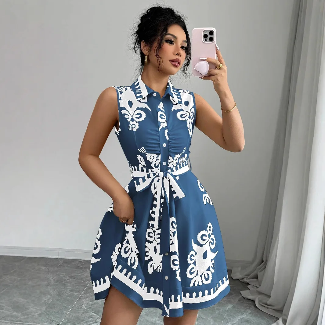 Office Lady Lapel Tied Slim Fit Printed Dress Sleeveless Retro Print Sashes Button Elegant OL White Blue Short Dresses For Women
Office Lady Lapel Tied Slim Fit Printed Dress Sleeveless Retro Print Sashes Button Elegant OL White Blue Short Dresses For Women