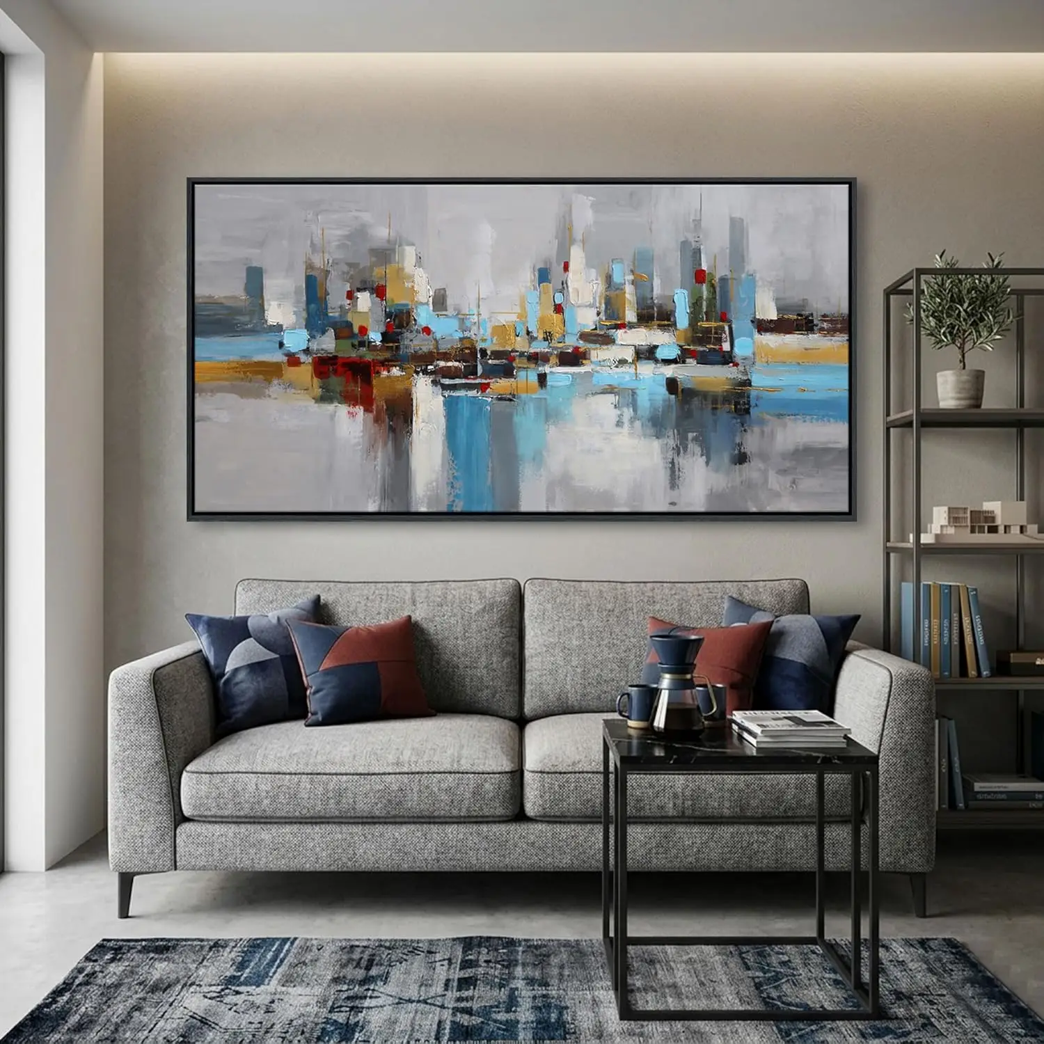 Large Blue Gold Abstract City Skyline Canvas Wall Art, 29x58 Inch Framed Print for Living Room Bedroom
Large Blue Gold Abstract City Skyline Canvas Wall Art, 29x58 Inch Framed Print for Living Room Bedroom