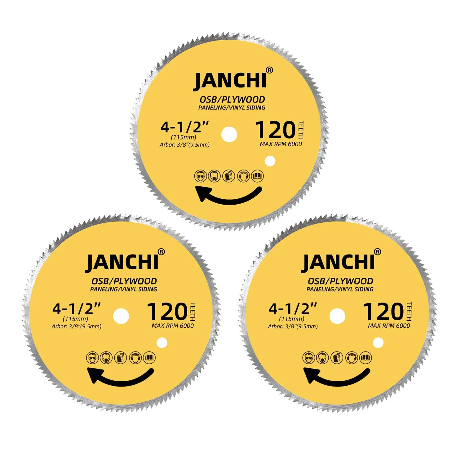3 Pack 4-1/2" 120T Circular Saw Blades, 3/8" Arbor for Plywood & Vinyl Siding
3 Pack 4-1/2" 120T Circular Saw Blades, 3/8" Arbor for Plywood & Vinyl Siding