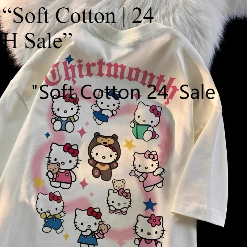 Hello Kitty multi-element cotton short-sleeved T-shirt, women's white cartoon versatile top, sweet and breathable casual wear
Hello Kitty multi-element cotton short-sleeved T-shirt, women's white cartoon versatile top, sweet and breathable casual wear