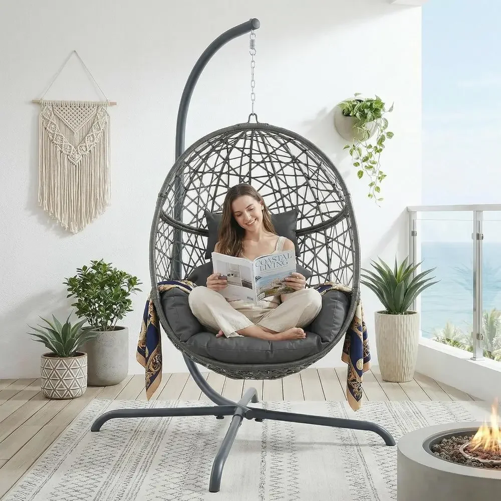 Indoor/Outdoor Wicker Hanging Egg Chair with Grey Cushion, Up to 350lbs
Indoor/Outdoor Wicker Hanging Egg Chair with Grey Cushion, Up to 350lbs