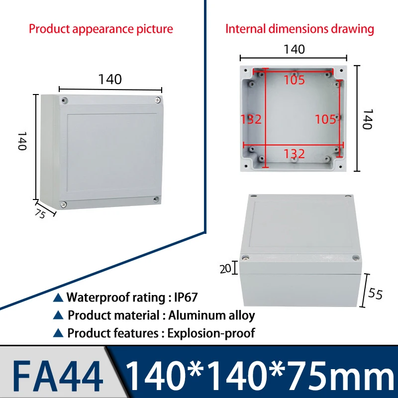 Aluminum cast explosion-proof junction box FA44, 140*140*75mm, outdoor exposed metal waterproof box
Aluminum cast explosion-proof junction box FA44, 140*140*75mm, outdoor exposed metal waterproof box
