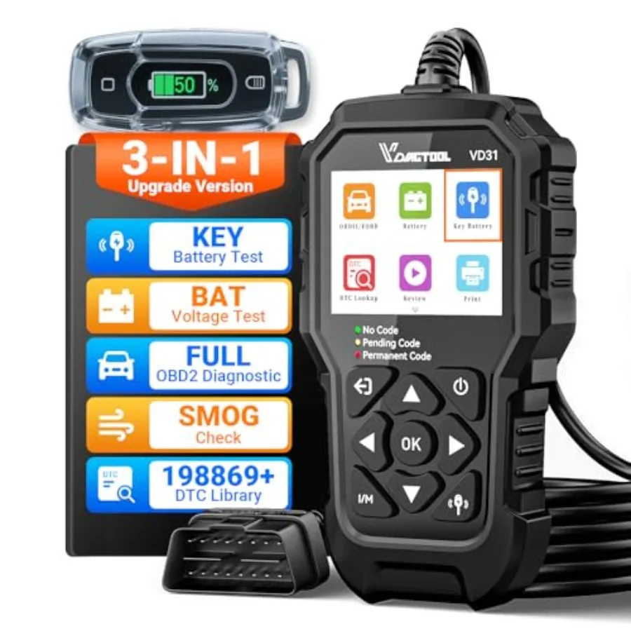 OBD2 scanner for automotive diagnostics, ABS plastic black, real-time engine code reading, battery testing, key fob battery che
OBD2 scanner for automotive diagnostics, ABS plastic black, real-time engine code reading, battery testing, key fob battery che