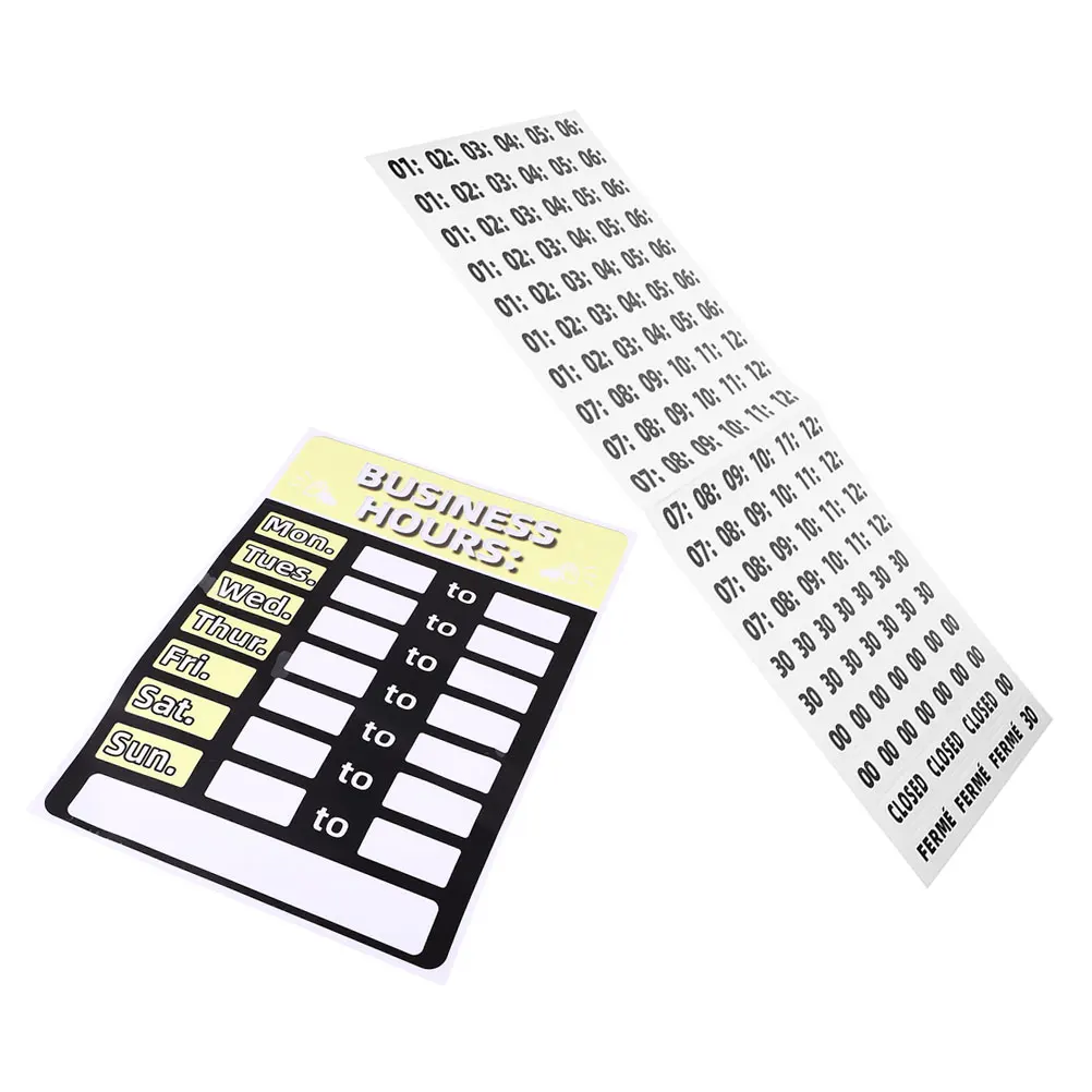 Erasable PVC Business Hours Sign 06# Yellow Time Plate 011 Number Style Adhesive Backing Waterproof Shop Open Closed Sign Store
Erasable PVC Business Hours Sign 06# Yellow Time Plate 011 Number Style Adhesive Backing Waterproof Shop Open Closed Sign Store