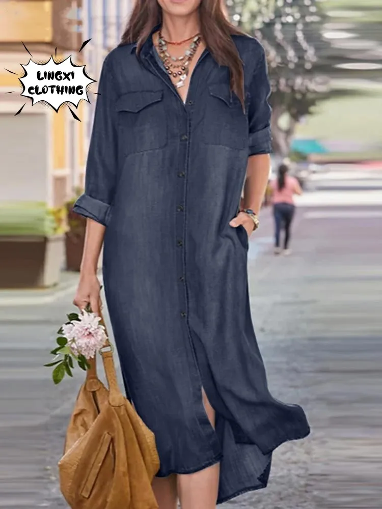 Women's Dress 2024 Summer New Casual Loose Fit Long Dress Round Neck Street Style Robe Korean Fashion Cotton Denim Long Dress
Women's Dress 2024 Summer New Casual Loose Fit Long Dress Round Neck Street Style Robe Korean Fashion Cotton Denim Long Dress