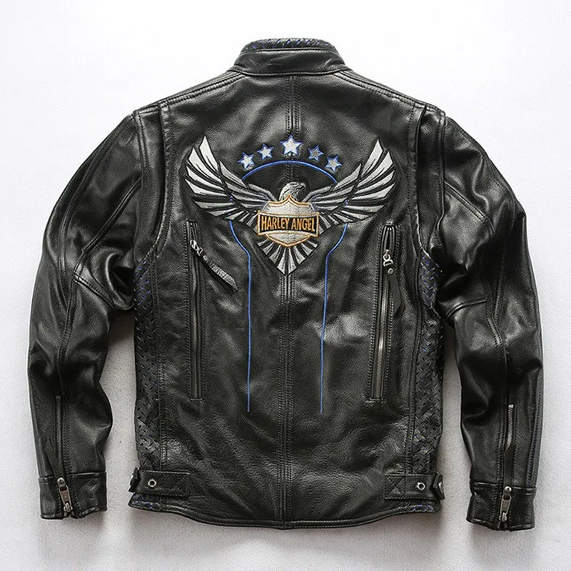 Leather with stand-up collar embroidery and eagle cowhide
Leather with stand-up collar embroidery and eagle cowhide