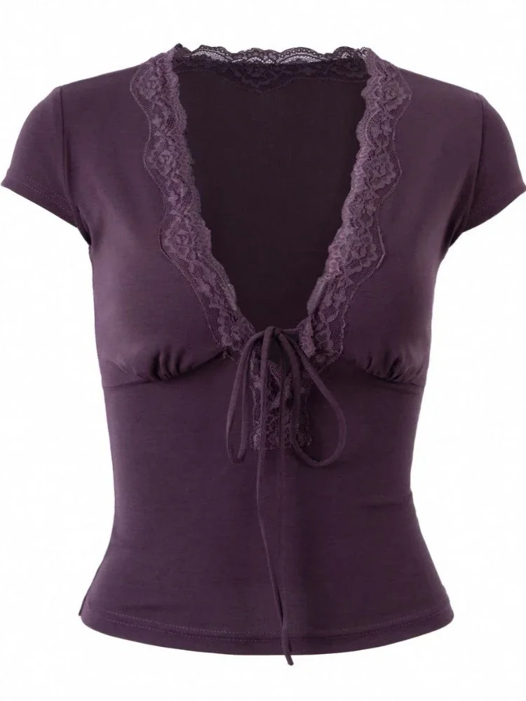 Summer Vintage Lace Patchwork Sexy T-shirt Women Harajuku Fairy Bandage Pleated Tops 2025 Y2k Aesthetic Slim Fit Cropped Tees 
Summer Vintage Lace Patchwork Sexy T-shirt Women Harajuku Fairy Bandage Pleated Tops 2025 Y2k Aesthetic Slim Fit Cropped Tees