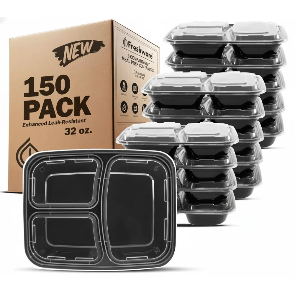 150-Pack 3-Compartment Meal Prep Containers with Lids, Stackable Bento Box, Microwave & Dishwasher Safe for Healthy Eating
150-Pack 3-Compartment Meal Prep Containers with Lids, Stackable Bento Box, Microwave & Dishwasher Safe for Healthy Eating