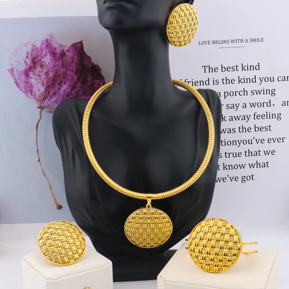 New Trendy Gold Plated Jewelry Set For Dubai Women Gold Color Necklace Earrings Bracelet And Ring Jewelry Set
New Trendy Gold Plated Jewelry Set For Dubai Women Gold Color Necklace Earrings Bracelet And Ring Jewelry Set