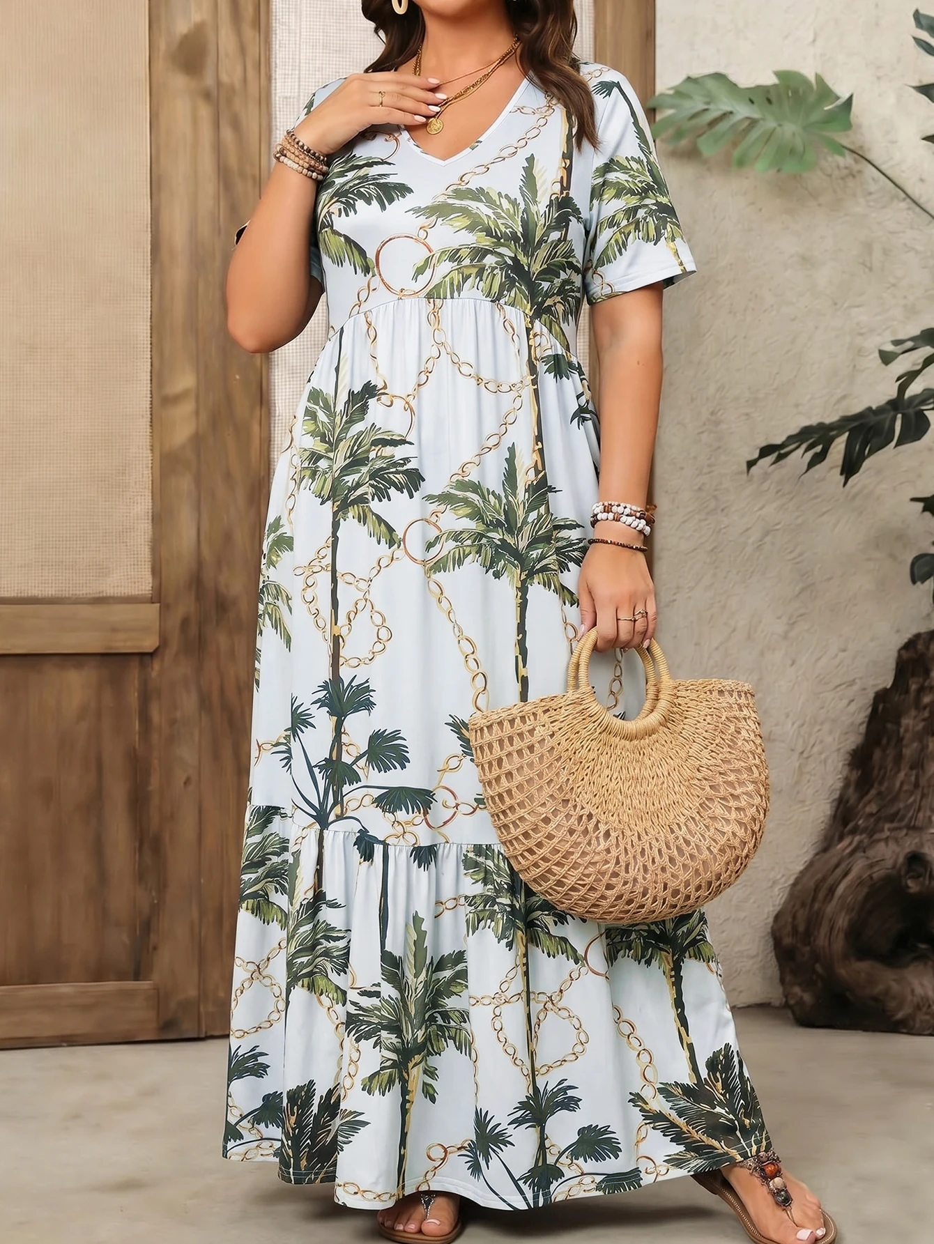 Women Plus Size Tropical Print Maxi Dress, V Neck Short Sleeve High Waist Ruffle Tiered Flowy Long Dress,Long Dress For Curvy
Women Plus Size Tropical Print Maxi Dress, V Neck Short Sleeve High Waist Ruffle Tiered Flowy Long Dress,Long Dress For Curvy