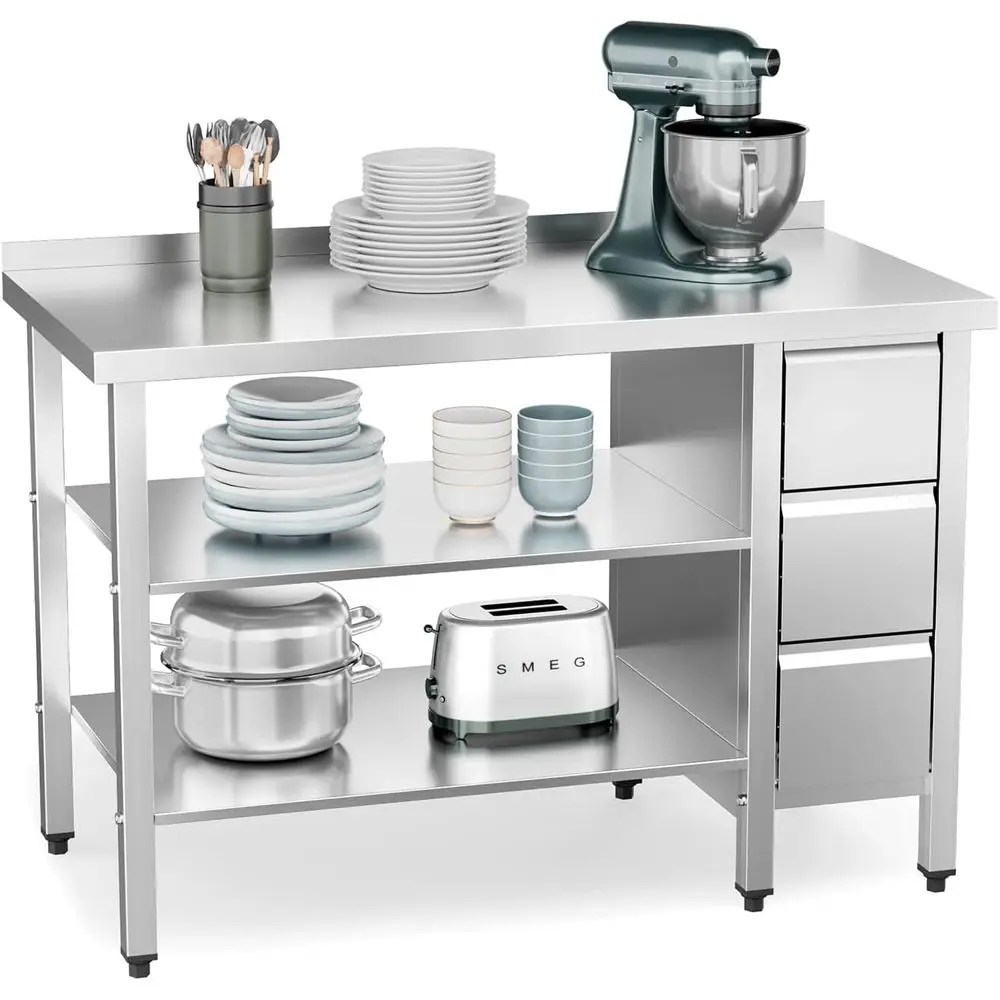 48x24 Inch Stainless Steel Work Table with 3 Drawers, Backsplash, and Undershelf for Home, Kitchen, Restaurant, or Warehouse Use
48x24 Inch Stainless Steel Work Table with 3 Drawers, Backsplash, and Undershelf for Home, Kitchen, Restaurant, or Warehouse Use