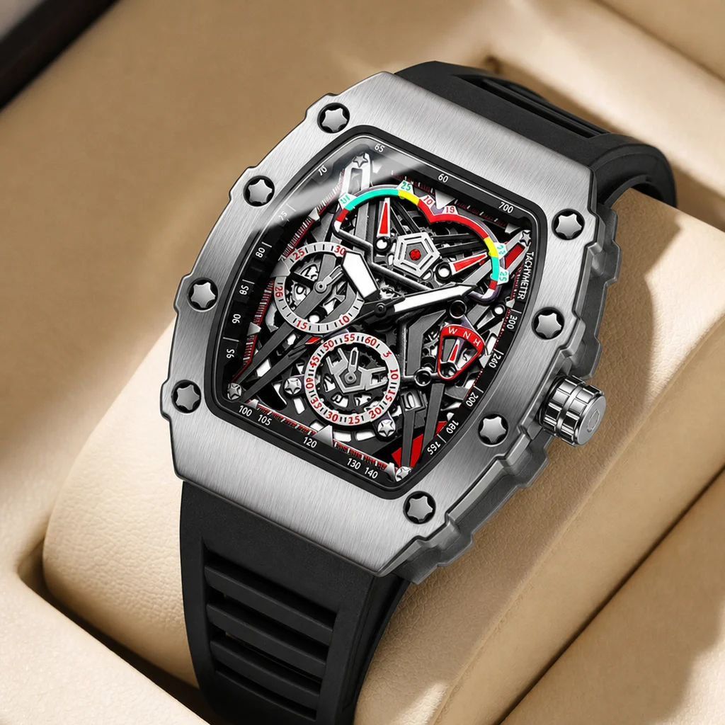 1pcs Men's black dial silicone strap vintage fashion tonneau case skeleton sporty details Quartz Watch for daily business party
1pcs Men's black dial silicone strap vintage fashion tonneau case skeleton sporty details Quartz Watch for daily business party