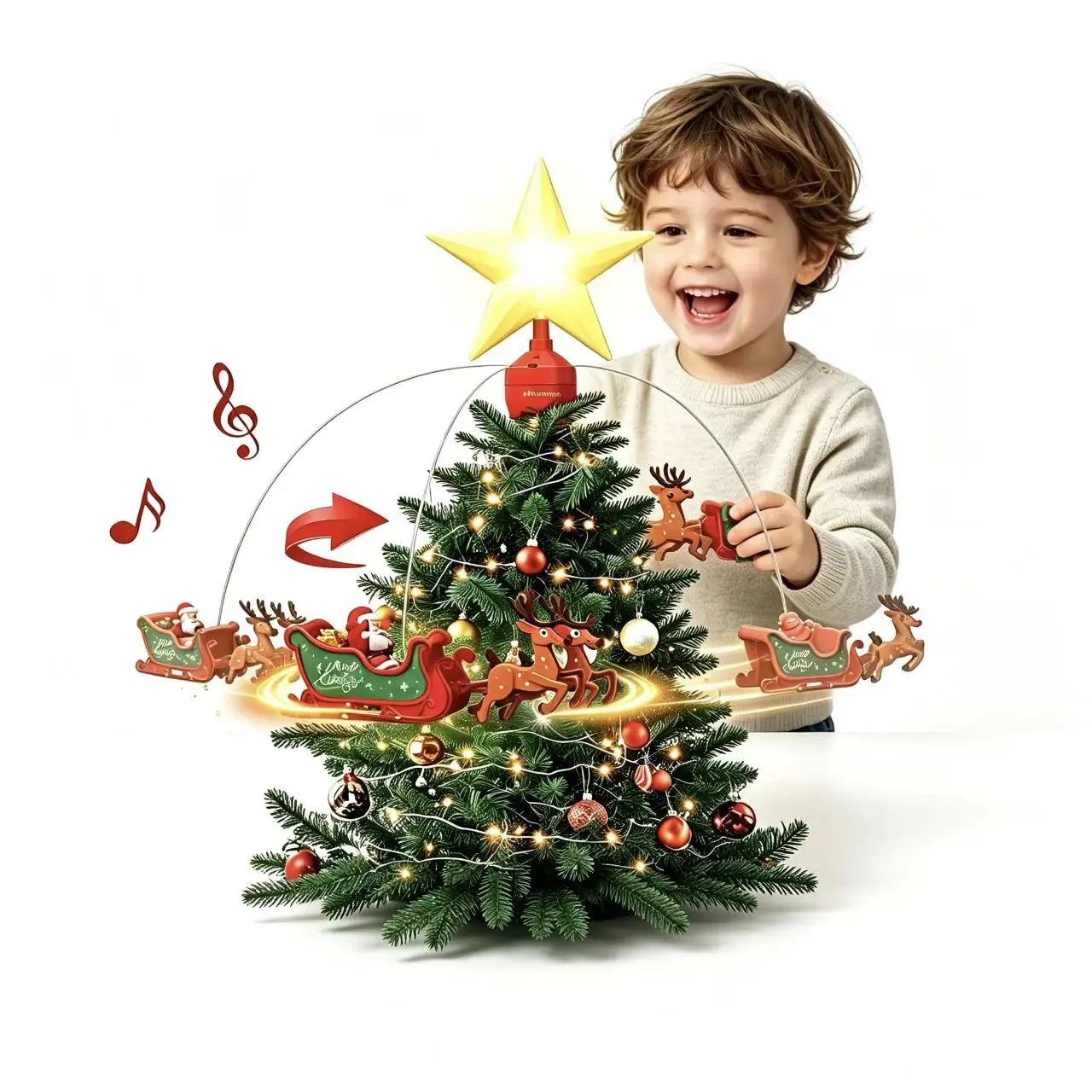 Rotating Santa Sleigh Christmas Tree Topper with Light & Music, USB Powered Star Tree Top Ornament for Holiday Decor
Rotating Santa Sleigh Christmas Tree Topper with Light & Music, USB Powered Star Tree Top Ornament for Holiday Decor
