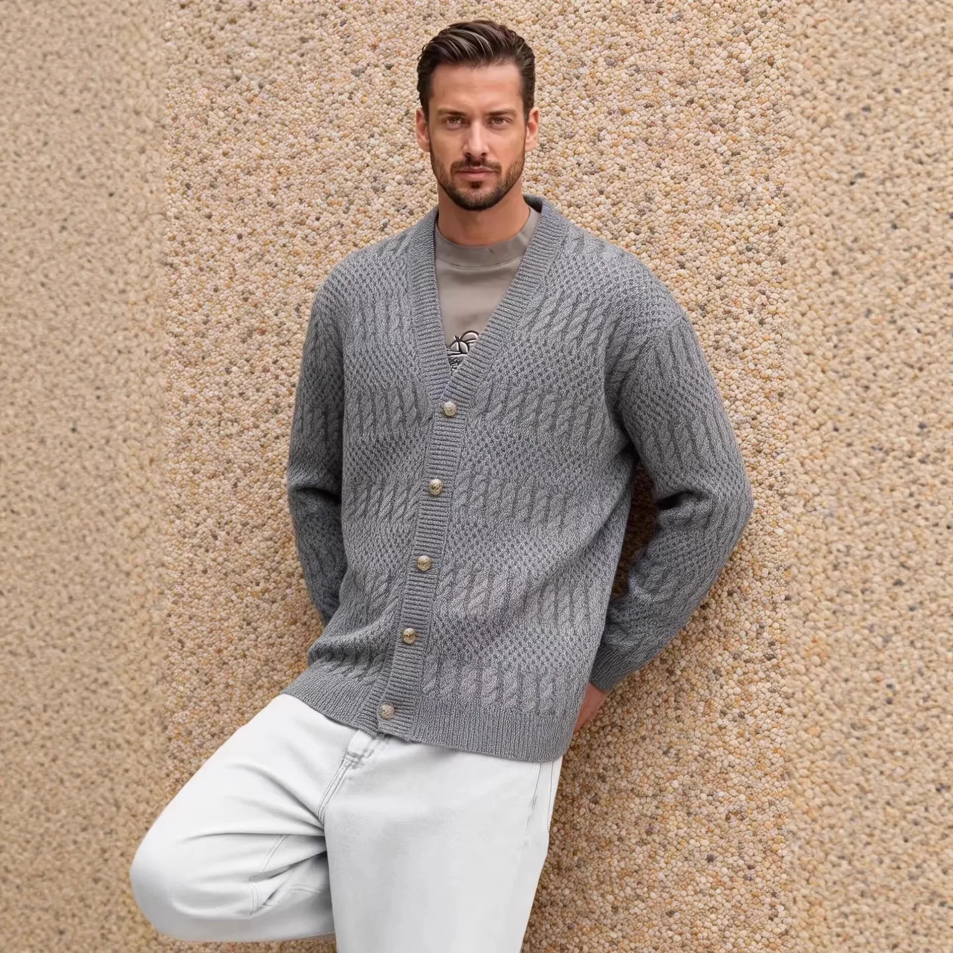 Men's V-neck Twisted Knitted Cardigan Loose Casual Single-breasted Sweater Jacket Autumn and Winter
Men's V-neck Twisted Knitted Cardigan Loose Casual Single-breasted Sweater Jacket Autumn and Winter