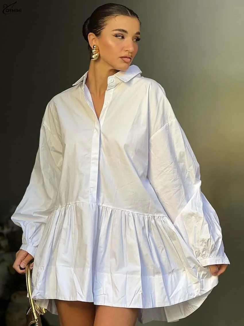 Oymimi Casual White Cotton Women's Dress Fashion Lapel Long Sleeve Single Breasted Dresses Elegant Pleated Mini Dress Streetwear
Oymimi Casual White Cotton Women's Dress Fashion Lapel Long Sleeve Single Breasted Dresses Elegant Pleated Mini Dress Streetwear