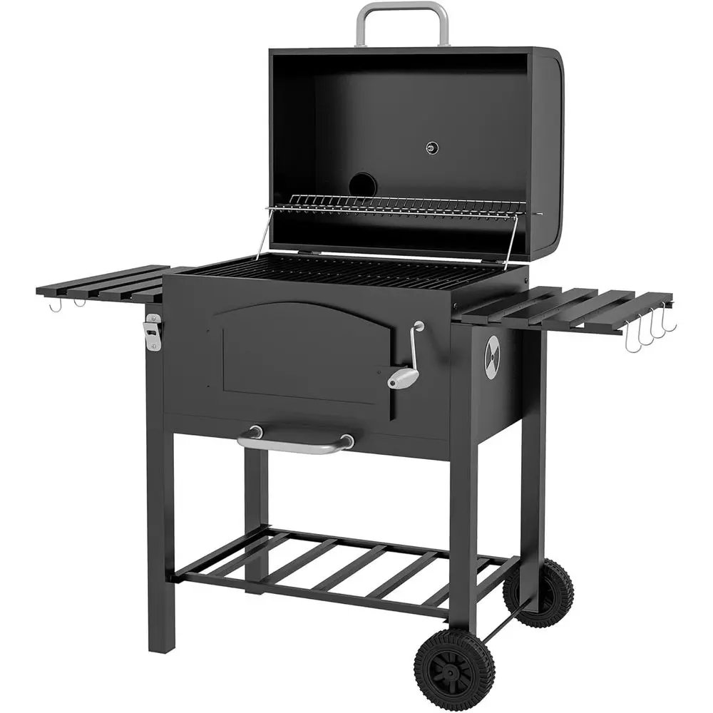 Portable Charcoal BBQ Grill with Adjustable Height, Folding Shelves, Thermometer, Bottle Opener, and Wheels for Outdoor Camping,
Portable Charcoal BBQ Grill with Adjustable Height, Folding Shelves, Thermometer, Bottle Opener, and Wheels for Outdoor Camping,