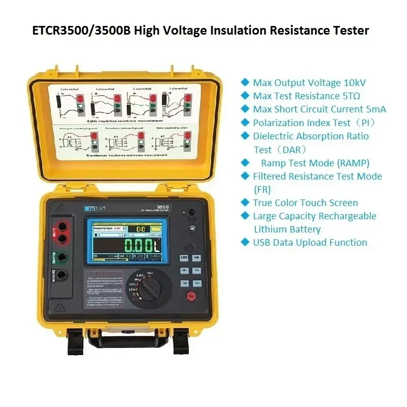 ETCR3500 ETCR3500B High Voltage Insulation Resistance Tester 5KV 10KV 5TΩ Digital Earth Resistance Multimeter RAMP FR DAR Mode
ETCR3500 ETCR3500B High Voltage Insulation Resistance Tester 5KV 10KV 5TΩ Digital Earth Resistance Multimeter RAMP FR DAR Mode