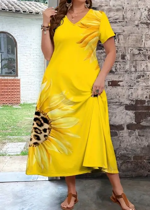 V-Neck Sunflower Print High Waisted A-Line Dress for Summer Plus Size Women, Elegant and Casual Loose Short Sleeved Dress
V-Neck Sunflower Print High Waisted A-Line Dress for Summer Plus Size Women, Elegant and Casual Loose Short Sleeved Dress