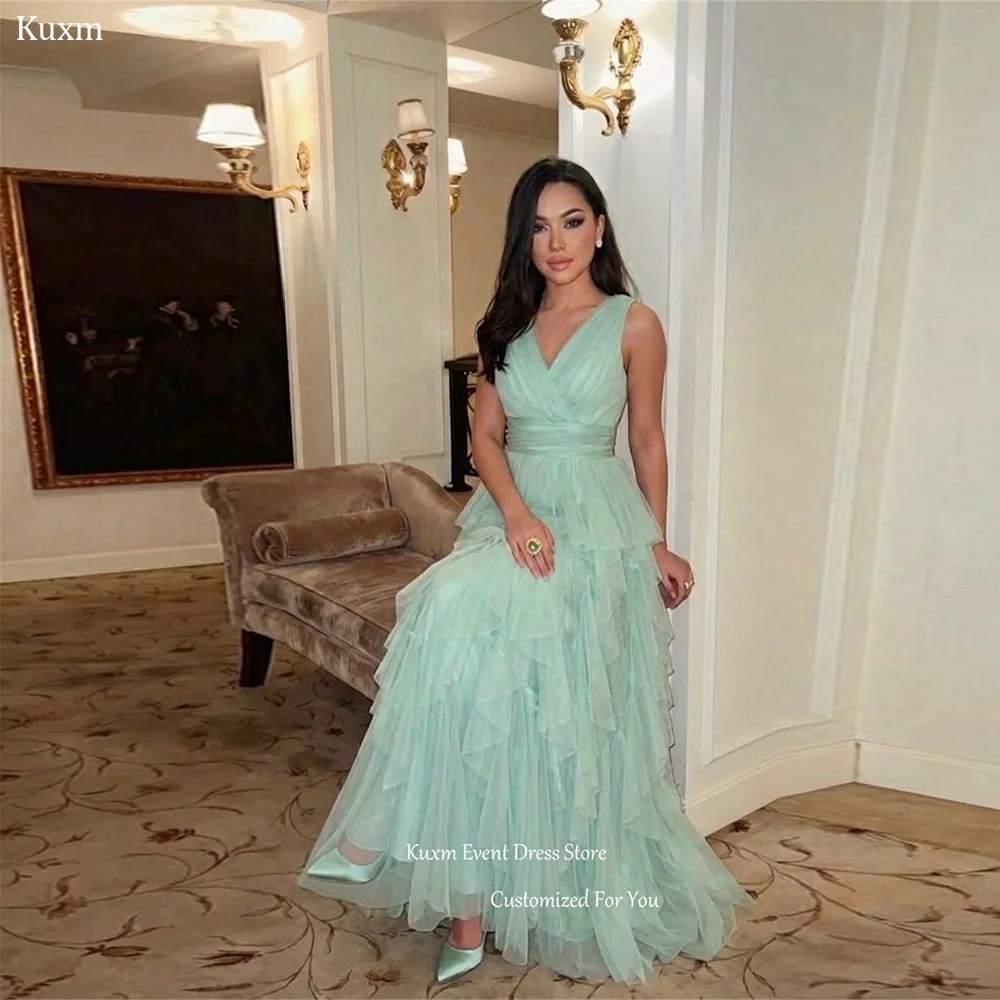Kuxm Elegant Mint Green Tulle A Line Women's Evening Dress Floor Length Prom Gown V Neck Short Sleeve Robes De Soirée Customized
Kuxm Elegant Mint Green Tulle A Line Women's Evening Dress Floor Length Prom Gown V Neck Short Sleeve Robes De Soirée Customized