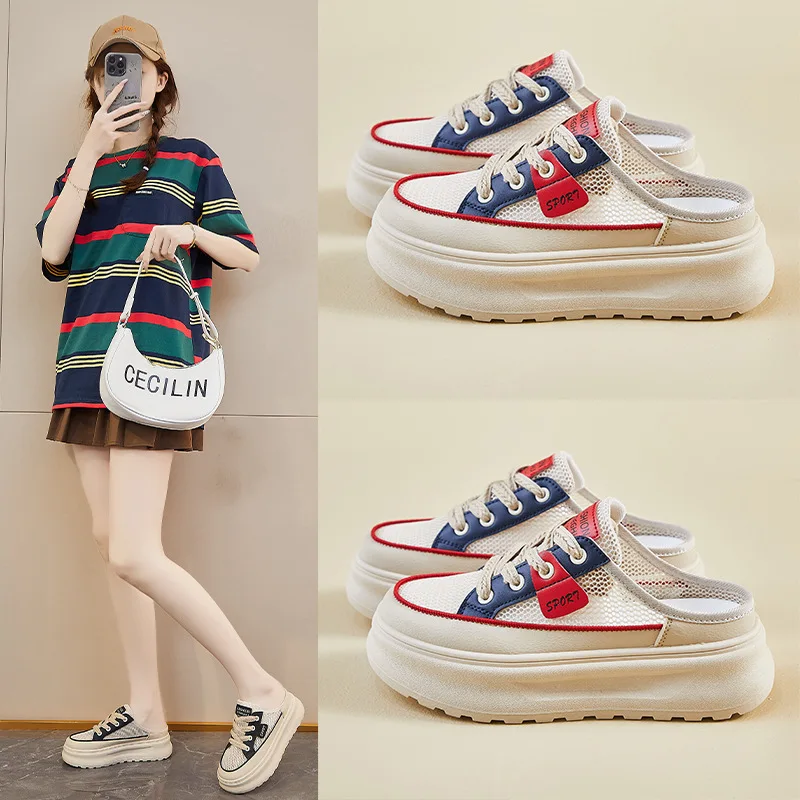 Женские спортивные тапочки с увеличенной сеткой на толстой подошве, трендовые полутапочки на шнуровке, модная повседневная обувь, женские шлепанцы, кроссовки 2025 
Женские спортивные тапочки с увеличенной сеткой на толстой подошве, трендовые полутапочки на шнуровке, модная повседневная обувь, женские шлепанцы, кроссовки 2025