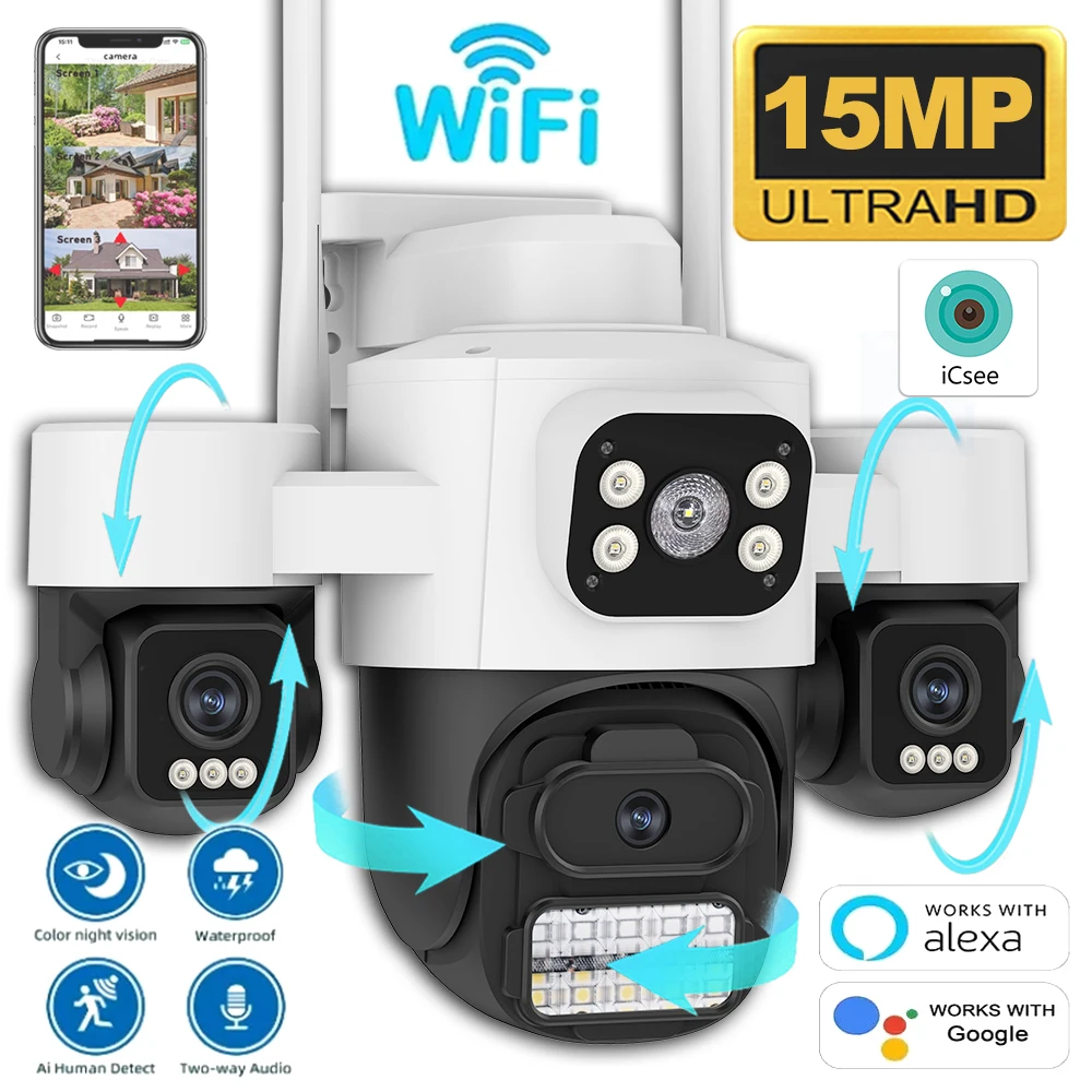 Outdoor Security Camera 3-Lens 15MP PTZ WiFi IP Cam with 3-HD Screen Auto Tracking IP66 Waterproof 2-Way Audio CCTV Surveillance
Outdoor Security Camera 3-Lens 15MP PTZ WiFi IP Cam with 3-HD Screen Auto Tracking IP66 Waterproof 2-Way Audio CCTV Surveillance