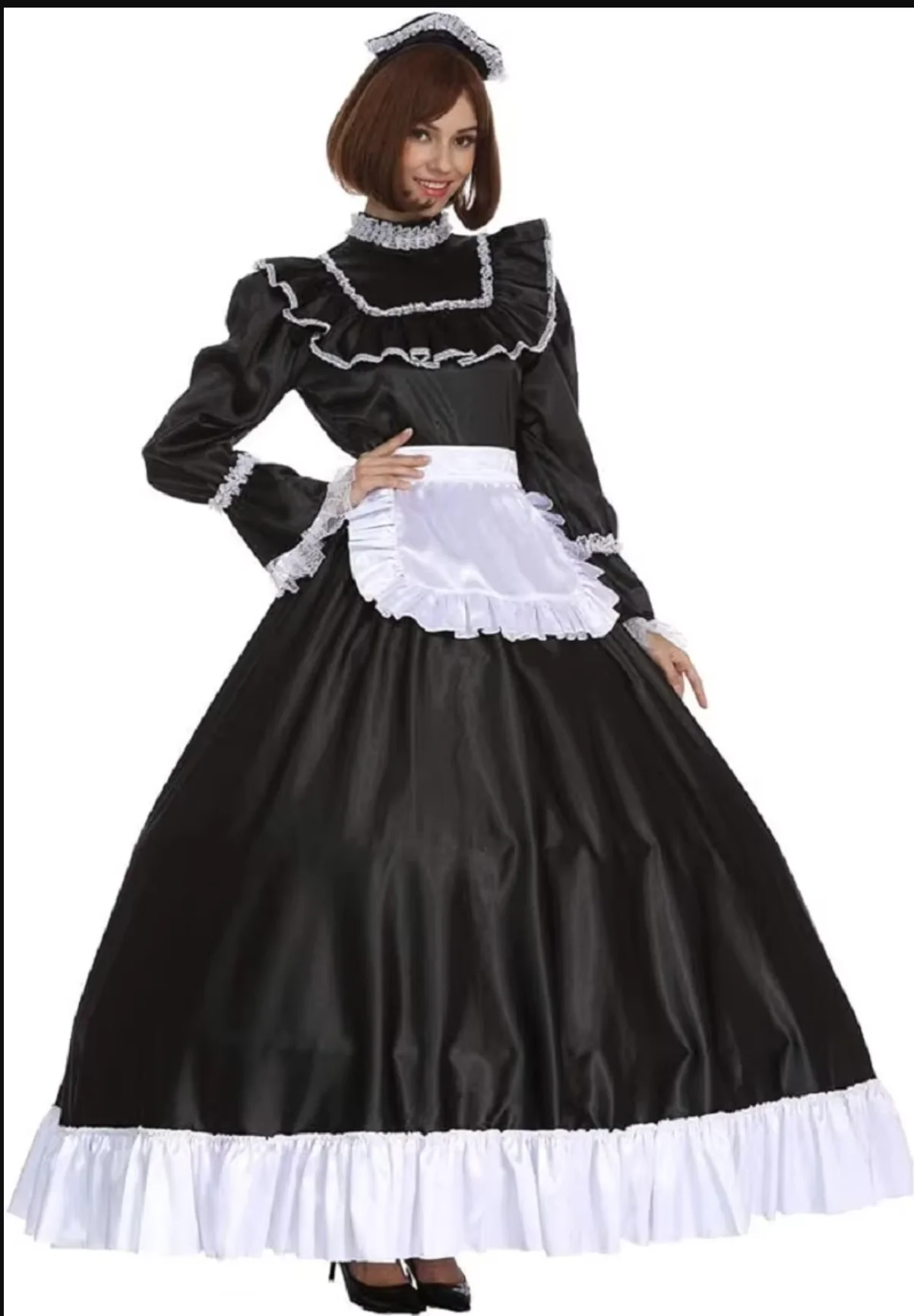 French Sexy Adult Custom Fetishist Cross Dressing Sissy Black Satin Horn Long Sleeved Lace Edge Independent Apron Long Dress
French Sexy Adult Custom Fetishist Cross Dressing Sissy Black Satin Horn Long Sleeved Lace Edge Independent Apron Long Dress