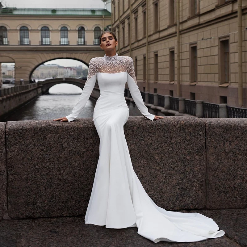 Luxurious Wedding Dress Soft Satin With Beading Pearls Mermaid Ball Gown High-Neck Full Sleeve Bride Dress Button Vestido De Nov
Luxurious Wedding Dress Soft Satin With Beading Pearls Mermaid Ball Gown High-Neck Full Sleeve Bride Dress Button Vestido De Nov
