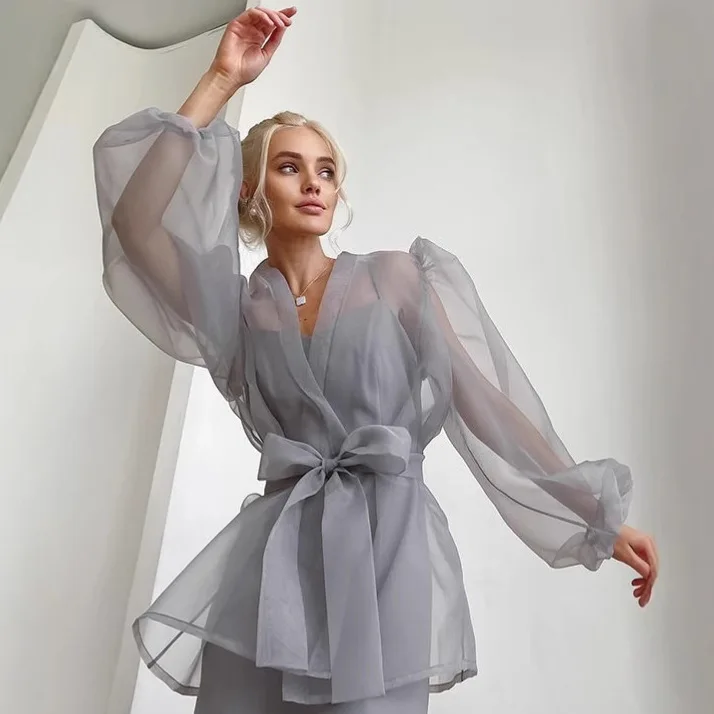Loose See-Through Sexy Blouse with Puff Sleeves, Tie Detail Mesh Top for European and American Fashion Women
Loose See-Through Sexy Blouse with Puff Sleeves, Tie Detail Mesh Top for European and American Fashion Women