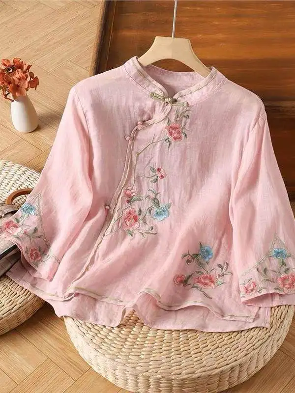 Summer Cotton Linen Embroidered Shirt Women Heavy Work Vintage Side Buttoned Tea Costume Seven Sleeve Loose Fit Stand Collar
Summer Cotton Linen Embroidered Shirt Women Heavy Work Vintage Side Buttoned Tea Costume Seven Sleeve Loose Fit Stand Collar