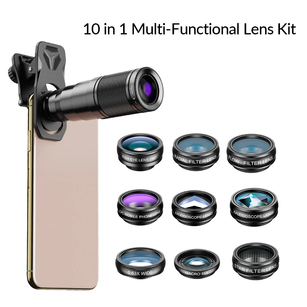 APEXEL 10 in 1 Phone Lens Kit 22X Telephoto Zoom Fisheye Lens Wide Angle Macro Lens+CPL Star Flow Filters for All Smartphones
APEXEL 10 in 1 Phone Lens Kit 22X Telephoto Zoom Fisheye Lens Wide Angle Macro Lens+CPL Star Flow Filters for All Smartphones