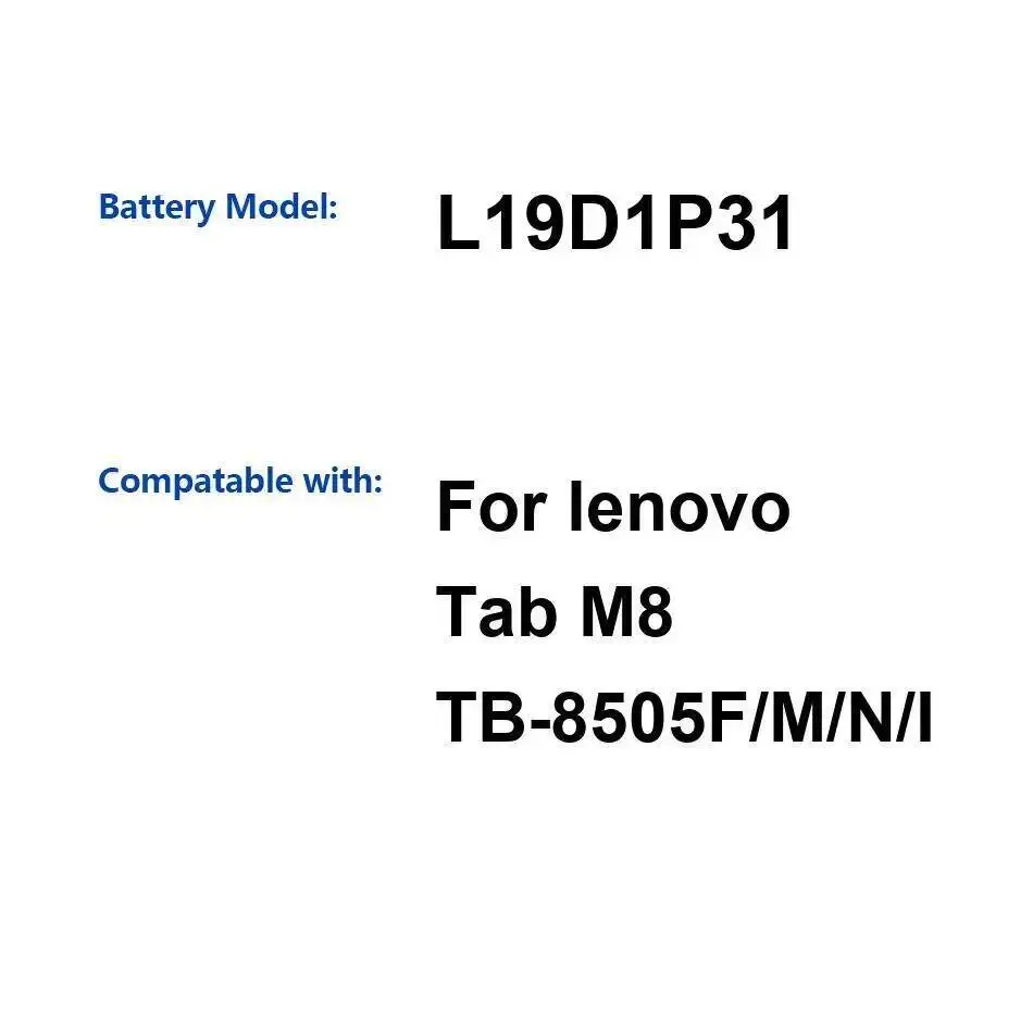 Для Lenovo Tab M8 TB-8505F M N I аккумулятор для планшета 5000 мАч L19D1P31 долговечная стабильная работа
Для Lenovo Tab M8 TB-8505F M N I аккумулятор для планшета 5000 мАч L19D1P31 долговечная стабильная работа