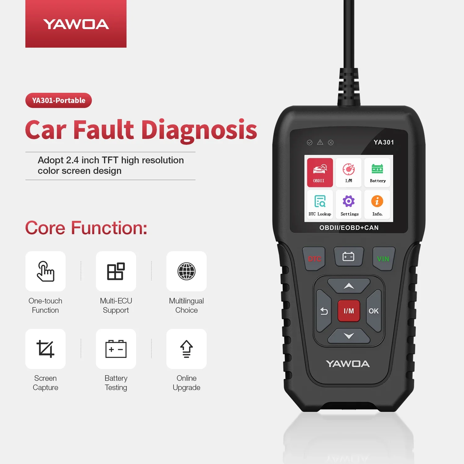 YA301 Тестер батареи для считывания кодов OBD2 YA-301 Инструмент сканера OBDII Полные функции OBD2 Бесплатное обновление PK KW850 CR3001
YA301 Тестер батареи для считывания кодов OBD2 YA-301 Инструмент сканера OBDII Полные функции OBD2 Бесплатное обновление PK KW850 CR3001