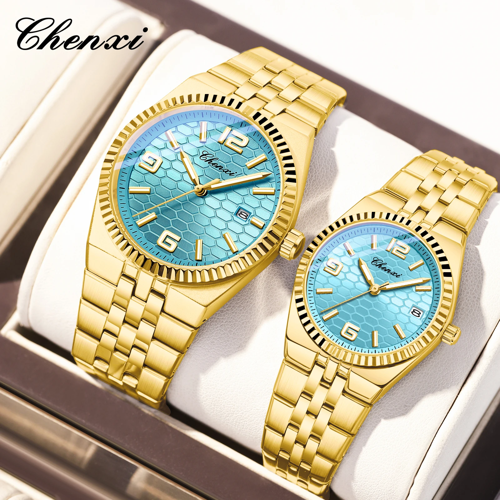 CHENXI 8280 Fashion Couple Quartz Watches Calendar Luminous Gold Stainless Steel Strap Elegant Men Women Wristwatch relógio
CHENXI 8280 Fashion Couple Quartz Watches Calendar Luminous Gold Stainless Steel Strap Elegant Men Women Wristwatch relógio