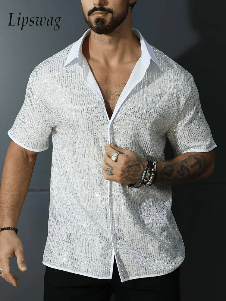 Stylish Mens Solid Color Glitter Shiny Shirt Vintage Button Turn-down Collar Sequin Shirts Men Summer Casual Short Sleeve Shirts
Stylish Mens Solid Color Glitter Shiny Shirt Vintage Button Turn-down Collar Sequin Shirts Men Summer Casual Short Sleeve Shirts