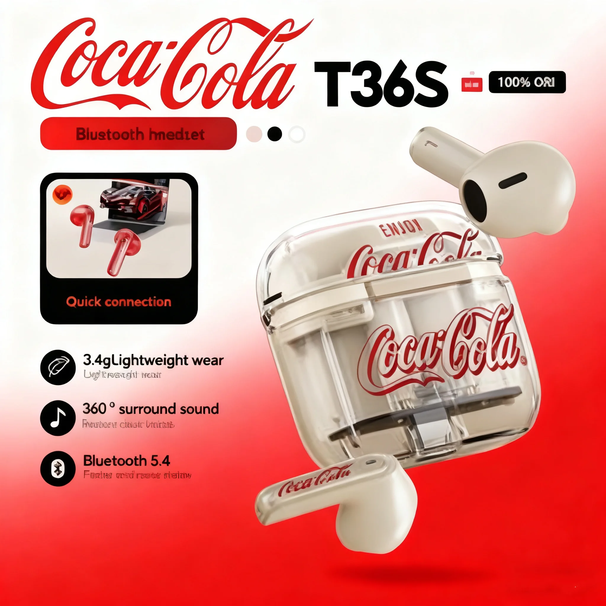 Coca-Cola Official T36S Retro TWS Earbuds, Bluetooth 5.4 Wireless Semi-in-ear Earphones with Mic, Long Battery Life, HD Call
Coca-Cola Official T36S Retro TWS Earbuds, Bluetooth 5.4 Wireless Semi-in-ear Earphones with Mic, Long Battery Life, HD Call