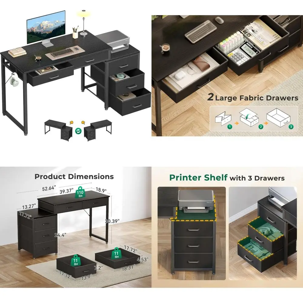 53 Home Office Desk with 5 Drawers and Printer Shelf, Reversible Writing Table
53 Home Office Desk with 5 Drawers and Printer Shelf, Reversible Writing Table