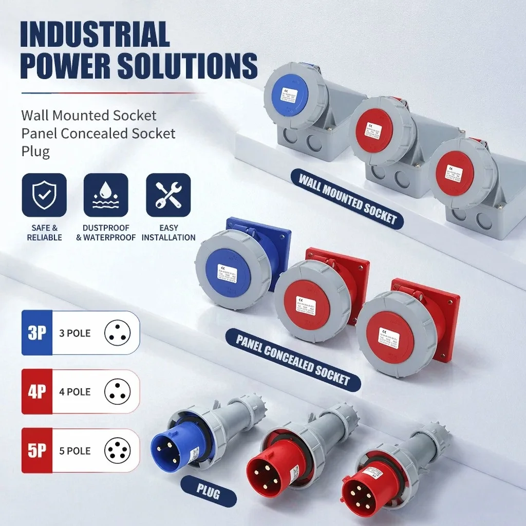 63A 125A IP67 220V 380V Industrial MALE FEMALE Plug and Socket 3P/4P/5P Electrical ConnectorWall Mounted Socket
63A 125A IP67 220V 380V Industrial MALE FEMALE Plug and Socket 3P/4P/5P Electrical ConnectorWall Mounted Socket