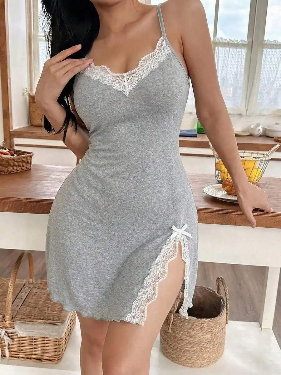 Womens Gray Lace Trim Spaghetti Strap Nightgown With Side Slit Summer
Womens Gray Lace Trim Spaghetti Strap Nightgown With Side Slit Summer
