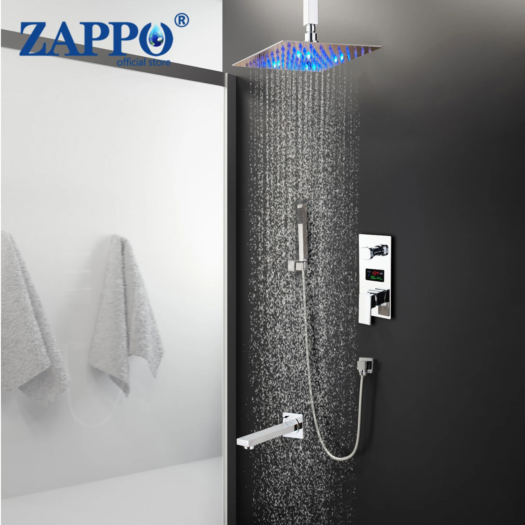 ZAPPO Bathroom Shower Set 3 Function LCD Digital Display Shower System with Tub Spout Ceiling Mounted Bathroom Shower Faucet Set
ZAPPO Bathroom Shower Set 3 Function LCD Digital Display Shower System with Tub Spout Ceiling Mounted Bathroom Shower Faucet Set