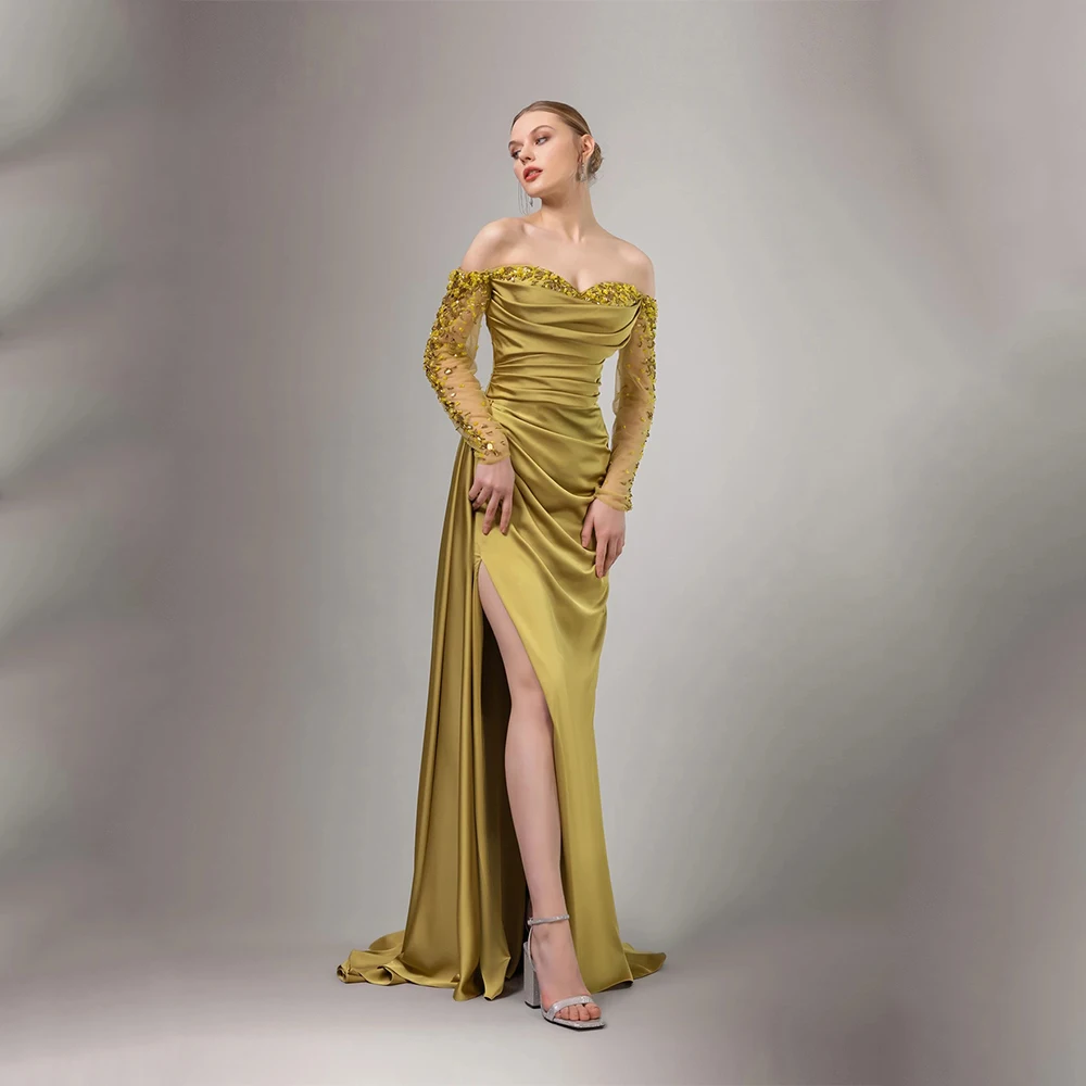 Dream Khaki Classic Evening Dress Satin for Floor-Length Sweetheart Off the Shoulder Prom Dress Beading High Slit Customized
Dream Khaki Classic Evening Dress Satin for Floor-Length Sweetheart Off the Shoulder Prom Dress Beading High Slit Customized