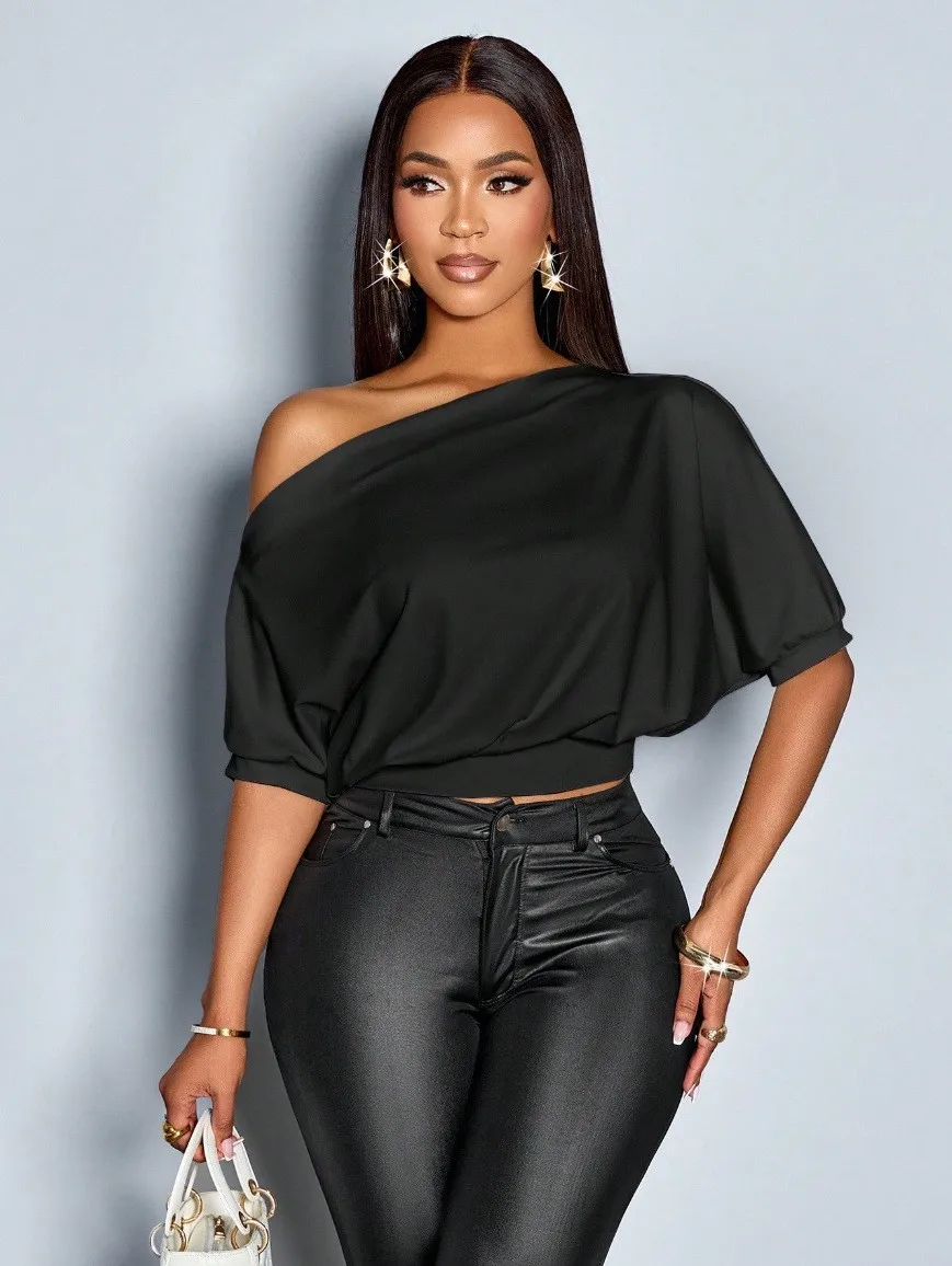 Spring Women's Clothing Off Shoulder Asymmetrical Batwing Sleeve Tops Elegant Short Crop T Shirt For Woman Polyester Loose Fit
Spring Women's Clothing Off Shoulder Asymmetrical Batwing Sleeve Tops Elegant Short Crop T Shirt For Woman Polyester Loose Fit